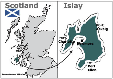 A map showing Islay's location on the west coast of Scotland.